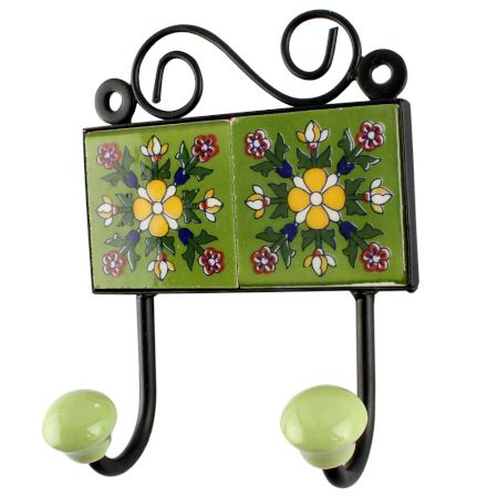 Ceramic Floral Tile Hook in Pea Green